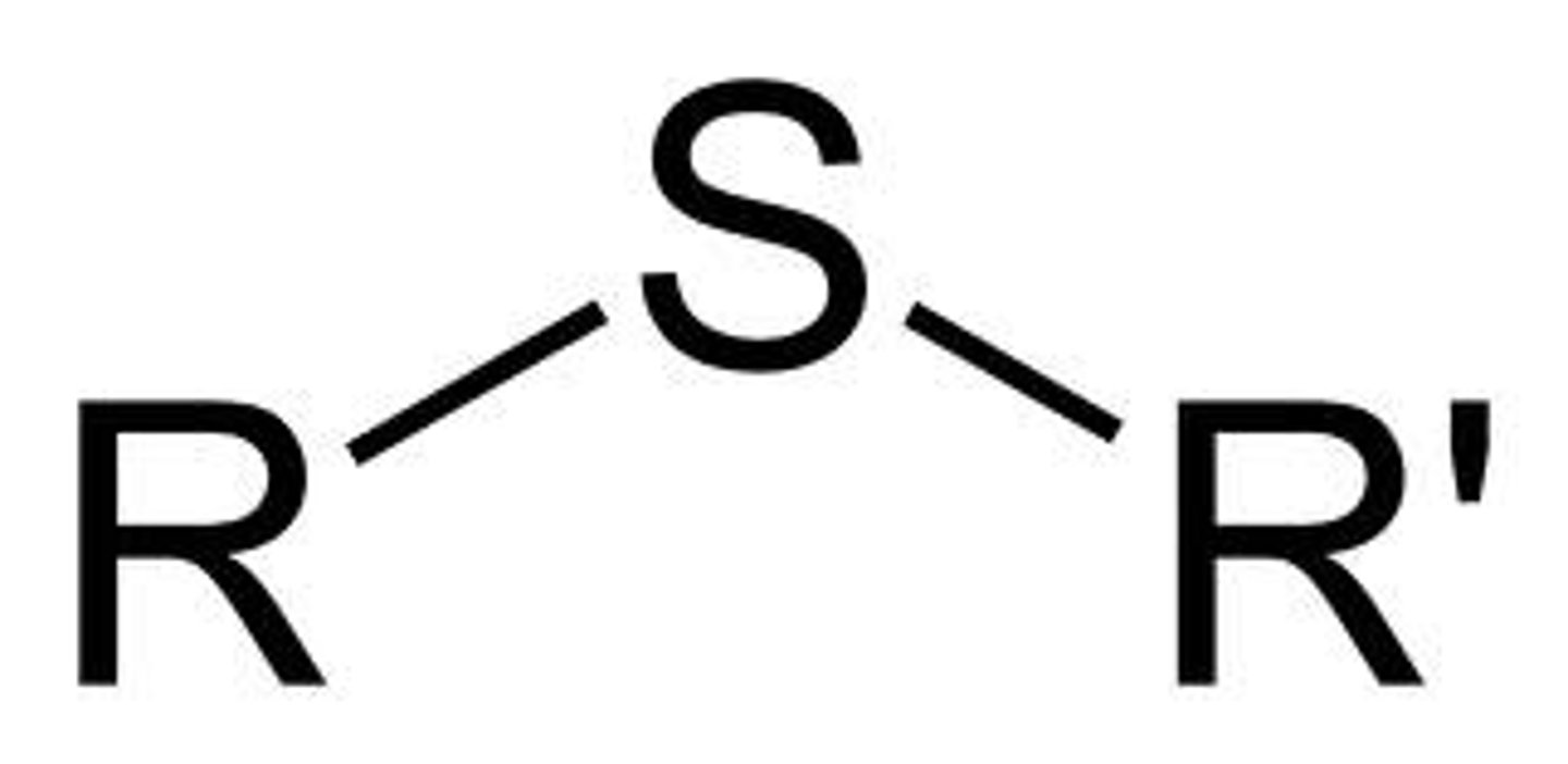 <p>A functional group consisting of a sulfur atom bonded to two carbon atoms. Very similar to an ether except the oxygen is replaced by a sulfur.</p>