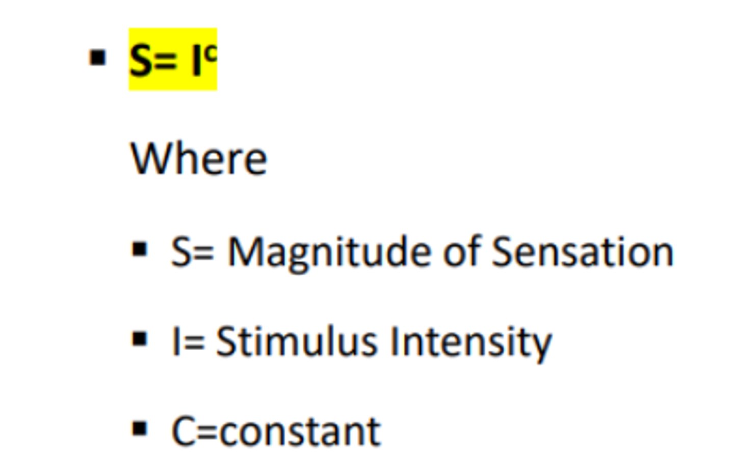 <p>law revealing the power relationship between stimulus magnitude and stimulus intensity. Obtained by asking an observer to assign a number to the perceived brightness of a set of stimuli. Shows that there is a compression of sensation as stimulus intensity increases.</p>
