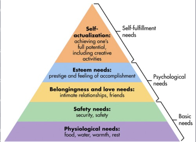 <p>Self-Actualization, Esteem Needs, Belongingness and Love Needs, Safety Needs, Physiological Needs.</p><p>Maslow's hierarchy of human needs is a motivational theory that categorizes human needs into a five-tier model, with basic physiological needs at the bottom and self-actualization at the top, suggesting individuals must fulfill lower-level needs before addressing higher-level psychological needs. </p>