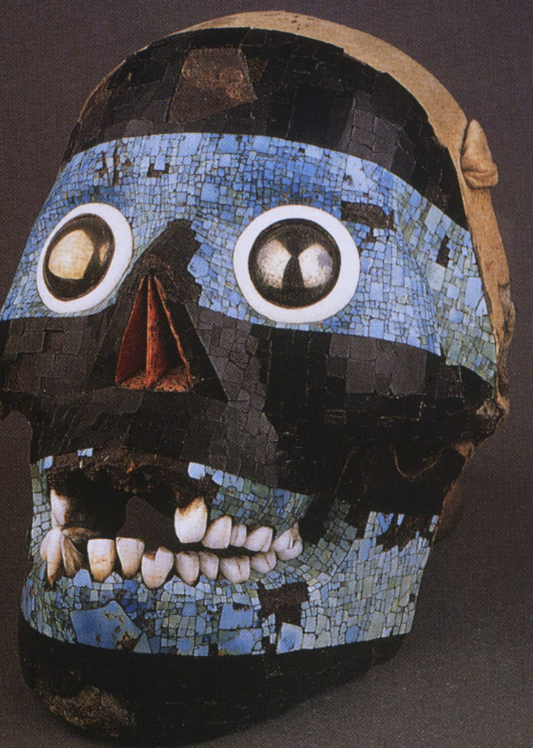 <ul><li><p><span>“He of the smoking mirror”</span></p></li><li><p><span>Texcatlipoca like an Aztec K’awiil</span></p></li><li><p><span>Has snake leg and smoke coming out of mouth</span></p></li><li><p><span>Possible that mask was sent by Cortez to Charles the 5th</span></p></li></ul><p></p>