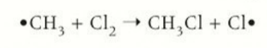 <p>methyl radical is formed and reacts with Cl2 to form a halogenoalkane such as chloromethane </p>