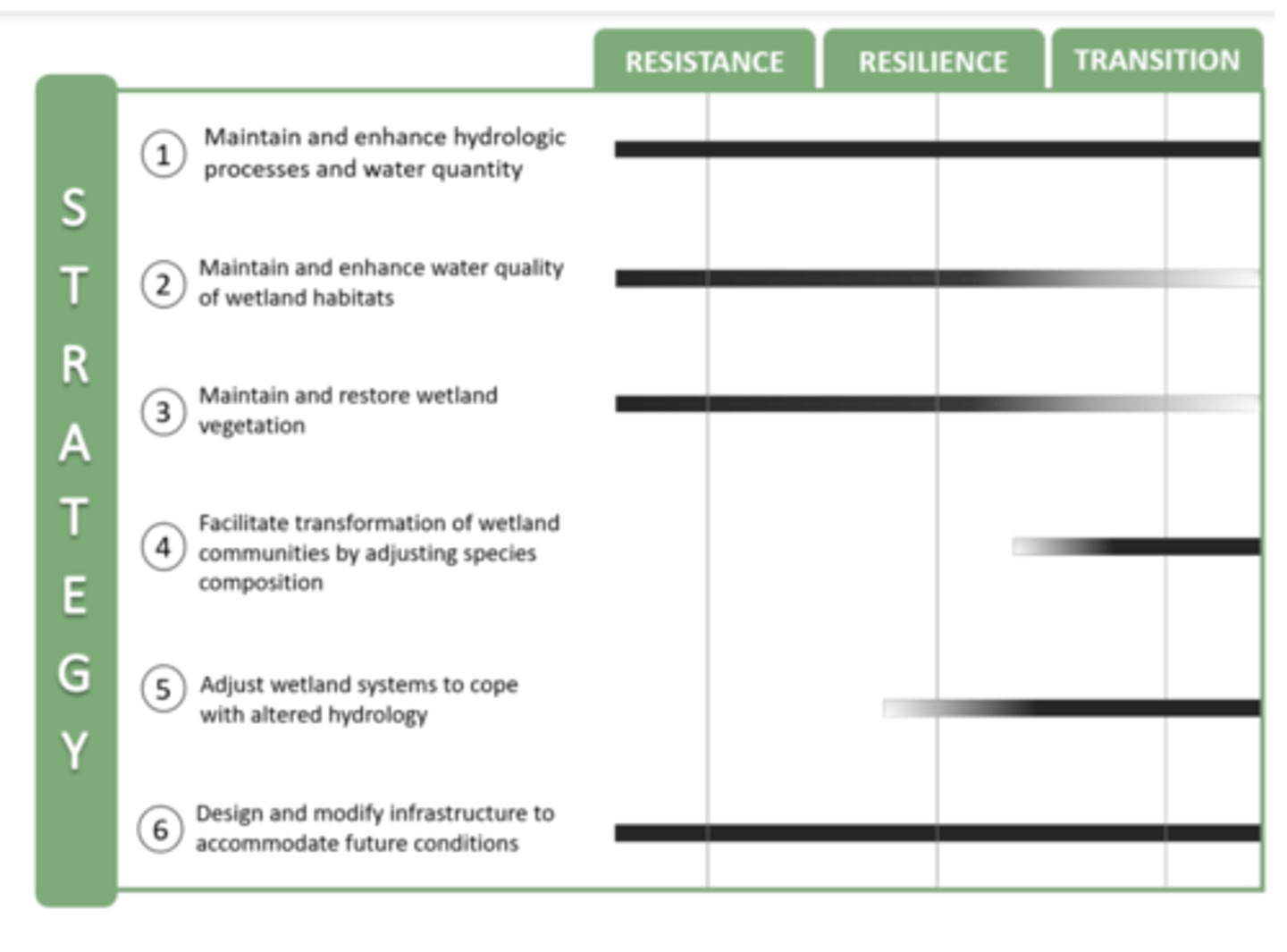 <p>1. maintain and enhance hydrologic processes and water quantity</p><p>2. maintain and enhance water quality</p><p>3. maintain and restore wetland veg</p><p>4. facilitate transformation by adjusting species composition</p><p>5. adjust wetland systems to cope with altered hydrology</p><p>6. design and modify infrastructure for future conditions</p>
