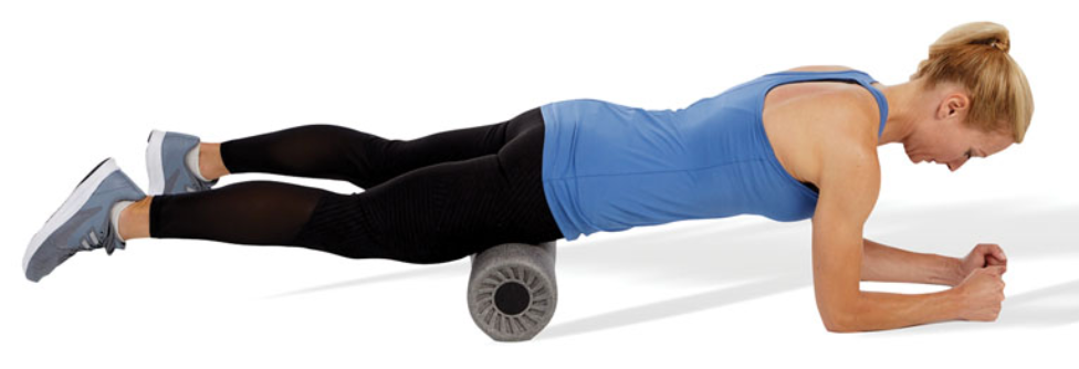 the client is in the plank position with knees straight and roller under the quadriceps

roll along the length of the muscle

this exercise can be performed bilaterally (both legs) or unilaterally (one leg at a time)

avoid rolling over the knee joint