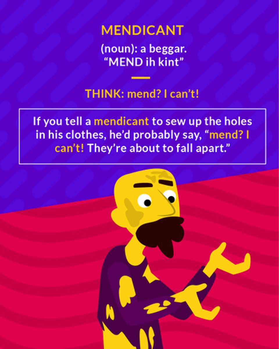 <p>(noun) a beggar</p>