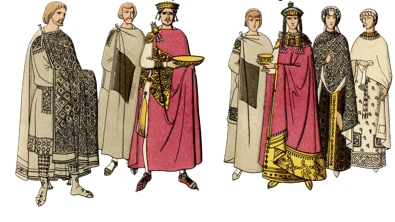 <p><span>worn by Upper class men and women of the 6th Century Byzantine</span><br><span>Empire, each wore a tunic and a cloak- the paludamentum</span></p><p><span>A large embroidered square at the front,</span><br><span>called a tablion proclaimed their high status</span></p>