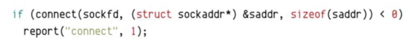 <ul><li><p><code>#include <sys/socket.h></code></p></li><li><p>attempts to make a connection on a socket</p></li><li><p><code>int connect(int socket, const struct sockaddr *address, socketlen_t address_len);</code></p></li><li><p><strong>socket </strong>- file descriptor</p></li><li><p><strong>address </strong>- points to a <strong>sockaddr</strong> we defined when creating the socket</p></li><li><p><strong>address_len </strong>- length of the <strong>sockaddr</strong></p></li><li><p>can fail for a number of reasons:</p><ul><li><p>wrong server address</p></li><li><p>too many clients already connected to the server</p></li></ul></li><li><p>if <strong>connect()</strong> succeeds, the client can write requests to the server and subsequently use a loop to read responses from the server</p></li><li><p>when finished REMEMBER: <code>close(socketfd);</code></p></li></ul><p></p>
