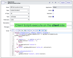 <p><strong>client script</strong>: makes "real-time" changes to the appearance of the user interface, especially forms.</p><p></p><p style="text-align: left"><strong>Example</strong>: having an alert appear to a user when they change the priority of an Incident.</p>