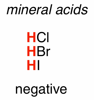 <ul><li><p><span style="color: red;">H</span>Cl</p></li><li><p><span style="color: red;">H</span>Br</p></li><li><p><span style="color: red;">H</span>I</p><ul><li><p>negative</p></li></ul></li></ul><p></p>