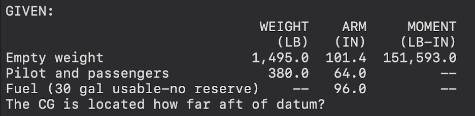 <p>The CG is located how far aft of datum?</p>
