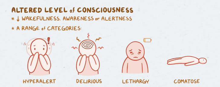 <p><span style="color: yellow"><strong>Coma</strong></span><span> = state of unarousable unresponsiveness to internal and external stimuli, but can be responsive painful stimuli &amp; brain stem reflexes may be present ---- presentation varies</span></p><ul><li><p><span><strong>Akinetic mutism</strong>: not responsive to environment through voluntary movement</span></p></li><li><p><span><strong>Vegetative state</strong>: unresponsive but resumes sleep-wake cycles after coma; cognitive or affective mental function absent</span></p></li><li><p><span><strong>Minimally conscious state</strong>: similar to vegetative but they have some reproducible signs of awareness</span></p></li><li><p><span><strong>Locked-in syndrome</strong>: paralysis &amp; inability to speak but are aware of environment; vertical eye movements &amp; lid elevation intact</span></p></li></ul><p></p>