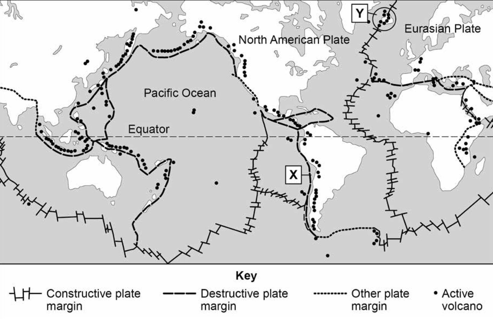 <p>Describe the movement of plates along plate margin X.</p>