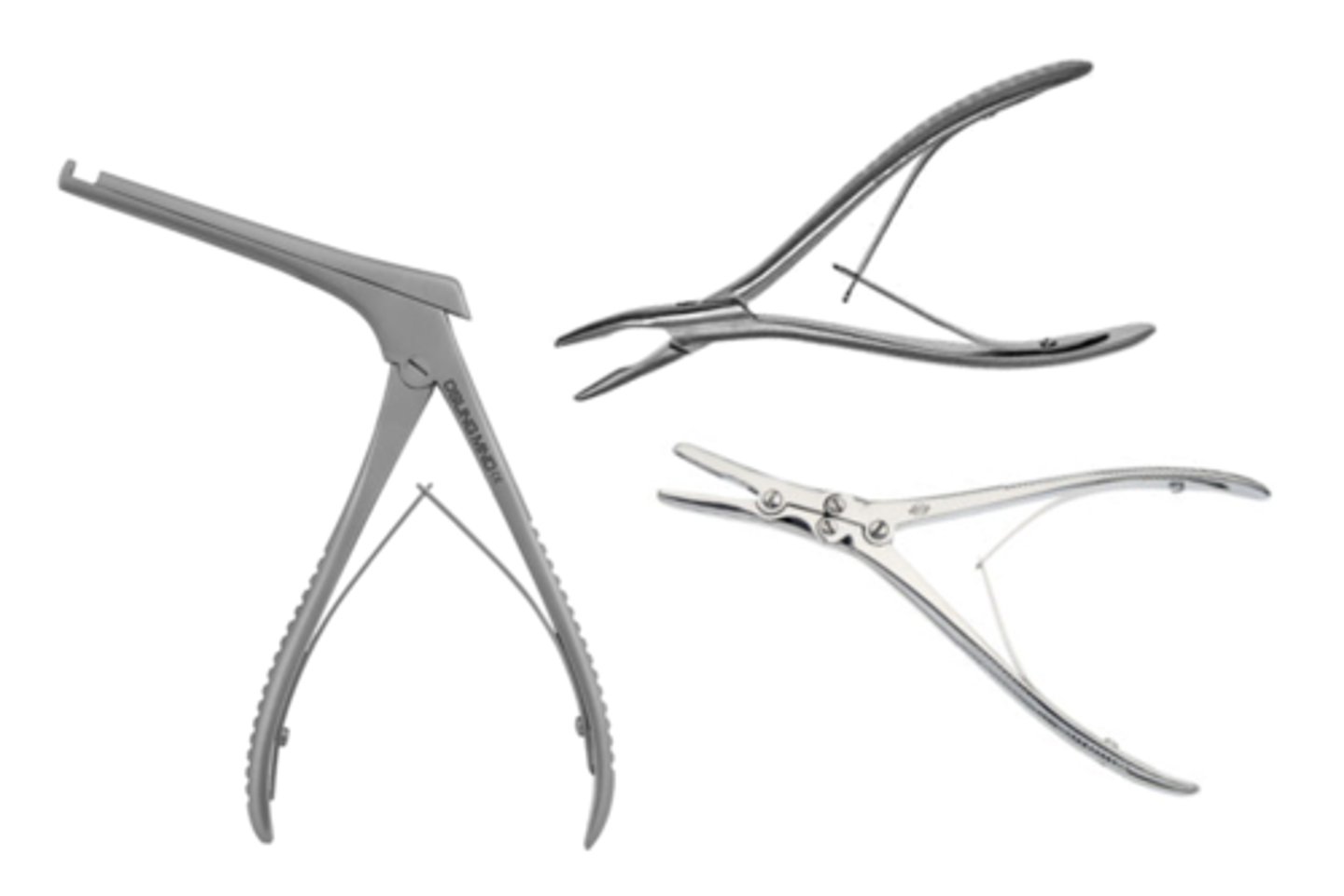 <p>surgical instruments used to cut or bite away at bone & tissue; double-action rongeurs require less hand strength, Kerrison rongeurs remove discs or lamina during spinal surgery (400 series)</p>