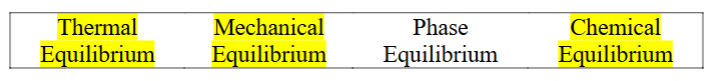 <p>Thermal equilibrium, Mechanical equilibrium, and Chemical equilibrium</p>