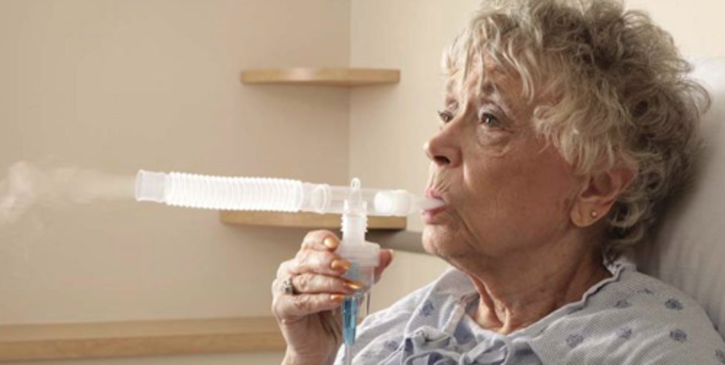 <p>disperse fine particles of liquid medication into the deeper passages of the respiratory tract</p>