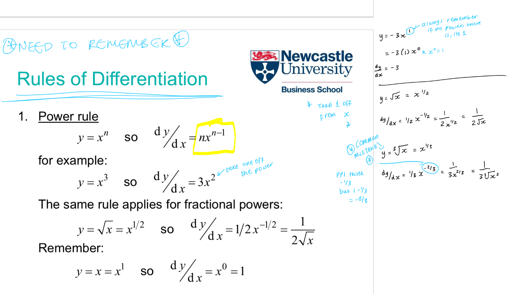 <p>for the power, you always minus 1</p><p>and whatever the power is, you times it by the constant </p><p><strong>square root = fraction</strong> > √x = x<sup>1/2 </sup>OR <sup>3</sup>√x = x<sup>1/3</sup></p><p>*1 minus the fraction*</p>