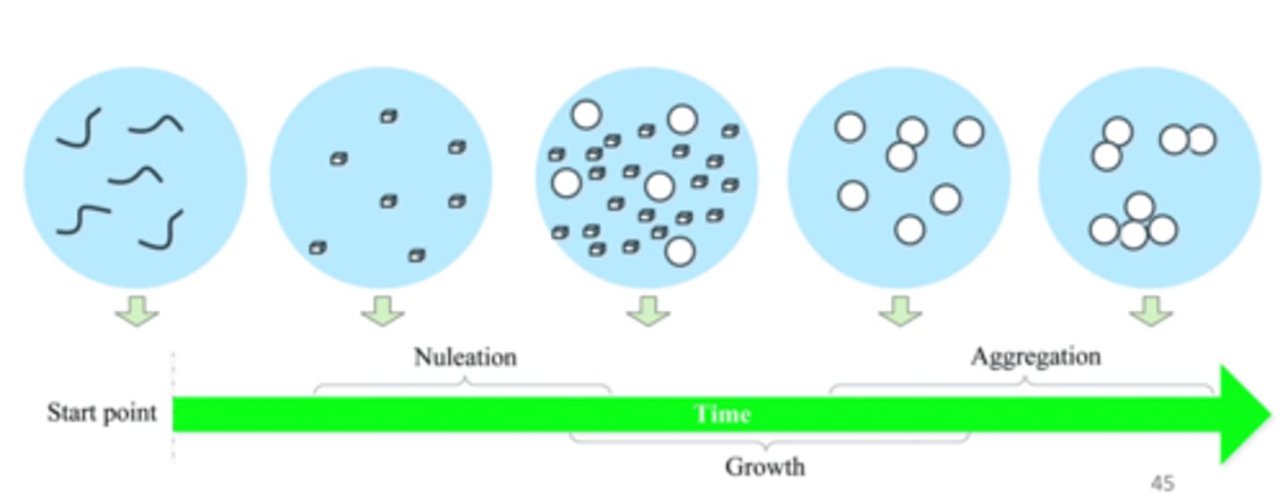 <p>starting point have lots of molecules --&gt; forms into bigger molecules via nucleation --&gt; continues to grow and aggregate to form larger particles</p>