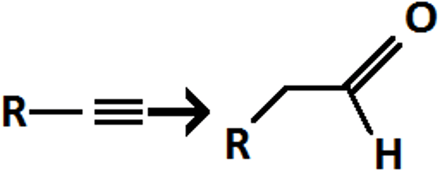 <p>antimark addition of H-OH to triple bonds</p><p>formation of aldehyde O=C-H</p>