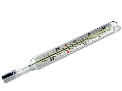 <p>Made of glass and filled with a red or blue liquid (usually alcohol); used to determine temperature</p>