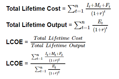 <ul><li><p>r: Discount rate.</p></li><li><p>ttt: Year of the project lifecycle.</p></li></ul><ul><li><p><strong>Typical Units:</strong><br><strong>$/MWh</strong> or <strong>¢/kWh</strong>.</p></li></ul><p></p>