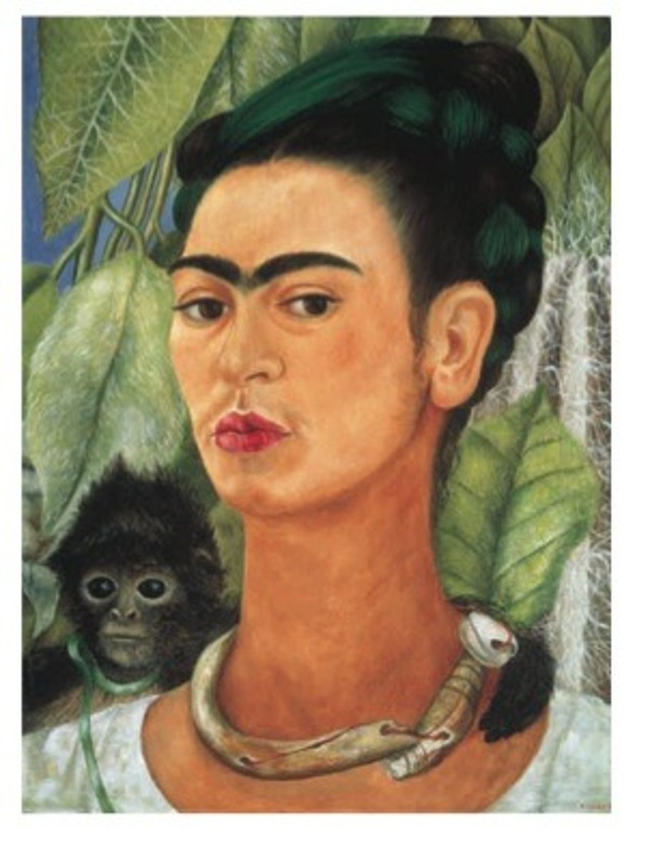 <p>Frida included animals in many of her paintings. This painting includes her pet Fulang Chang.</p>