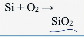 <p>silicon(s) + oxygen(g) → silicon dioxide(s)</p><p>Reaction in air: Slow</p><p>Flame colour: N/A</p>