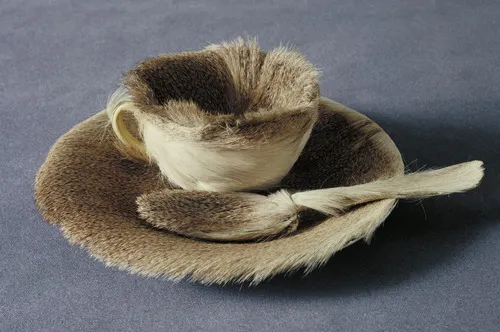 <ul><li><p><strong>ID:</strong> Meret Oppenheim, 1936 CE, Fur-covered teacup, saucer, and spoon, Switzerland</p></li><li><p><strong>Content:</strong> A surreal transformation of a teacup into an unsettling object.</p></li><li><p><strong>Function:</strong> Challenges perceptions of everyday objects and tactile experiences.</p></li><li><p><strong>Context:</strong> Surrealist movement, influenced by Freud’s theories of the unconscious.</p></li><li><p><strong>Form:</strong> Soft fur texture on a functional object, contrasting materials.</p></li></ul><p></p>