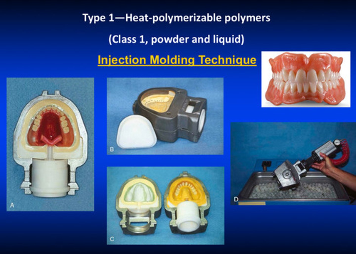 <p>uses injection instead of compression</p><p>1) inject flowable resin</p><p>2) use a special flask to put the base under pressure under a water bath</p><p>3) ^^ starts polymerization reaction</p>
