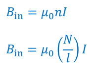 <p>B<em>in = </em>Magnetic field inside the solenoid (T)</p><p>μ<sub>0​</sub>=4π×10<sup>−7</sup></p><p>n or N = number of turns</p><p>I = current (A)</p><p>l = length of solenoid (m)</p>