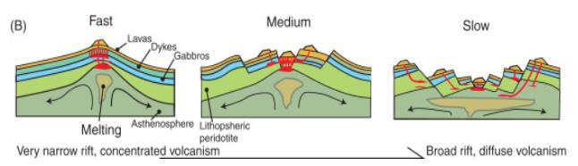 <ul><li><p>Centre axial magma chamber is</p><ul><li><p>Big when there's fast rate</p></li><li><p>Small when there's slow rate</p></li></ul></li><li><p>Fast flows lead to</p><ul><li><p>Broad, more diffuse volcanism</p></li><li><p>Broad shape</p></li><li><p>Pointy tops</p></li><li><p>Far lava spread</p></li></ul></li></ul><p></p>