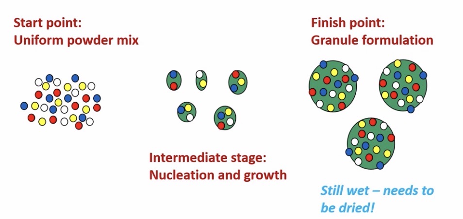 <ul><li><p>Sticks particles together in small aggregates</p></li><li><p>Which then forms bigger granules </p></li><li><p>Once granules are big enough, they are <strong>dried</strong></p></li></ul><p></p>