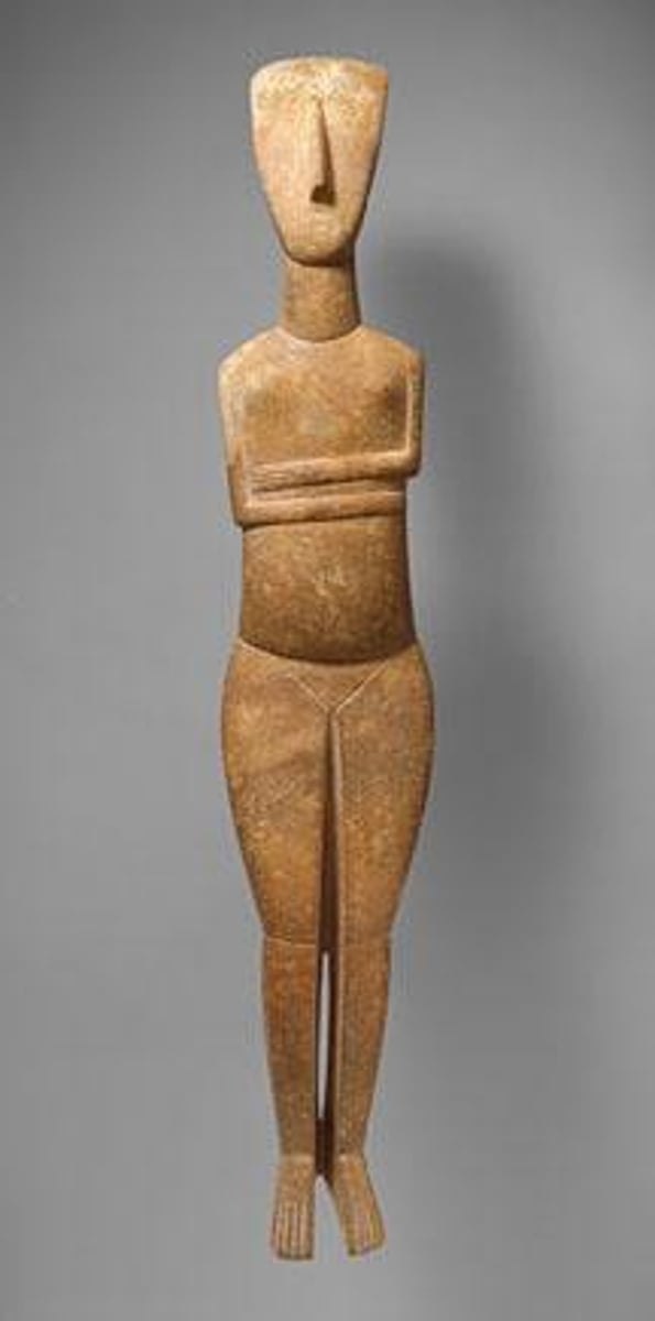 <p>Who: Cycladic people</p><p>What: Folded arm figurine depicting a woman made of marble</p><p>Where: Found in the Cycladic islands of Greece</p><p>When: 2600-2400 BC</p><p>Why: One of the earliest found pieces of early Bronze Age art. From the Cycladic islands that could represent a religious figurine. The red 'paint' that was originally on head and neck is a rare material that demonstrates the Cycladic civilizations engaged in trade as it was imported.</p>