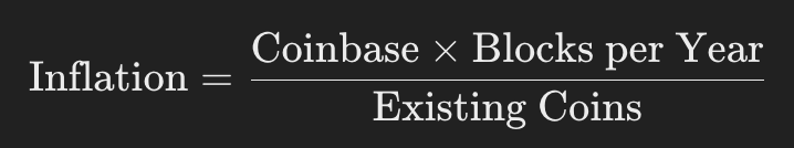 <p>coinbase (the amount of BTC released per block); as the block reqards decrease due to halving, Bitcoin experiences deflation</p>