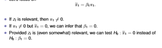 <ul><li><p>a t/F test of the null hypothesis</p></li><li><p>a condition that applies if zt is a valid instrument for xt and the relevance condition is met </p></li><li><p>if the hypothesis cannot be rejected, then B1 = 0 also can’t be rejected </p></li><li><p>weak instruments imply that <span>π1 is small so that B1π1 is also small, also provided that B1 itself is not too large </span></p></li><li><p><span>if B1 is large, B1 will diverge substantially from its value under the nul hypothesis B1=0</span></p></li></ul><p></p>