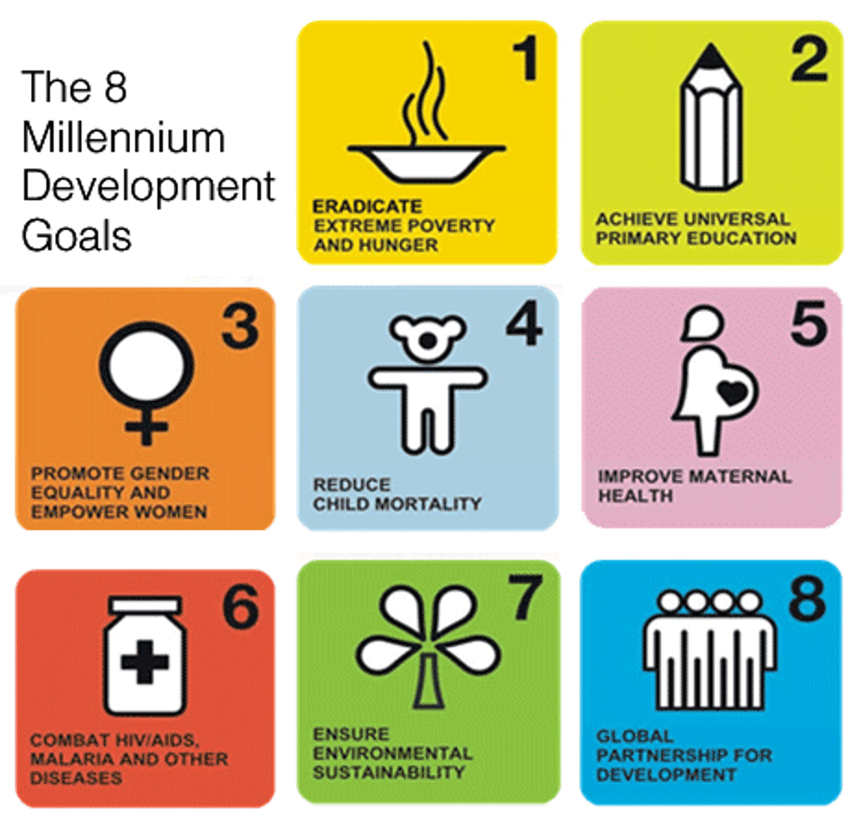 <p>the 8 goals developed by the UN with an initial target year of 2015 that formed a blueprint agreed to by all member countries</p>