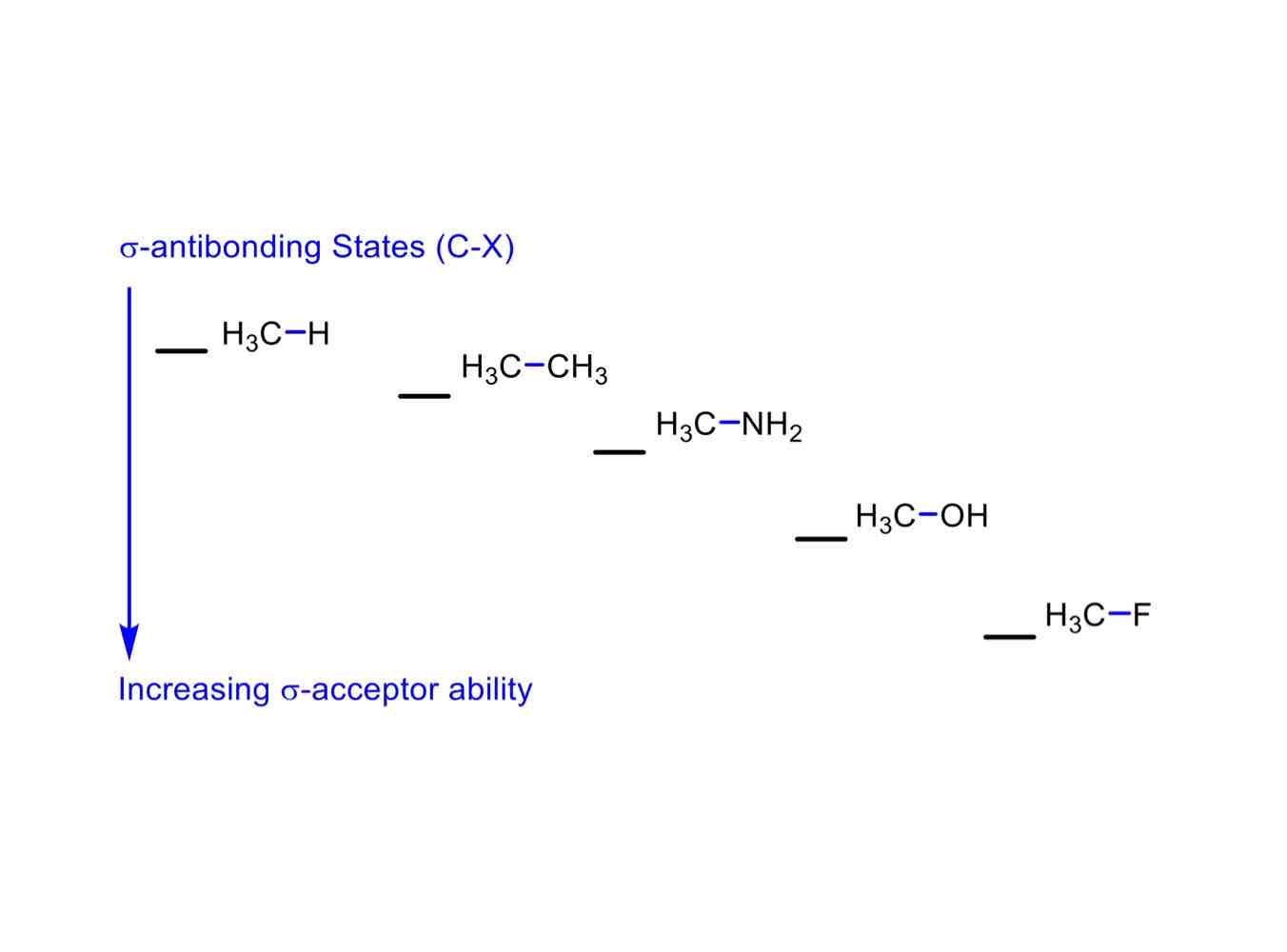 <ul><li><p>H<sub>3</sub>C-H (least accepting)</p></li><li><p>H<sub>3</sub>C-CH<sub>3</sub></p></li><li><p>H<sub>3</sub>C-NH<sub>2</sub></p></li><li><p>H<sub>3</sub>C-OH</p></li><li><p>H<sub>3</sub>C-F (most accepting)</p></li></ul><p></p>