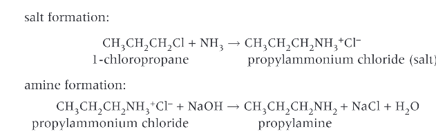 <p>ammonia has a lone pair of electrons on the nitrogen atom which allows ammonia to act as a nucleophile in a substitution reaction with a haloalkane. The product of this reaction is an ammonium salt, aq alkali is then added to generate the amine from the salt. </p>
