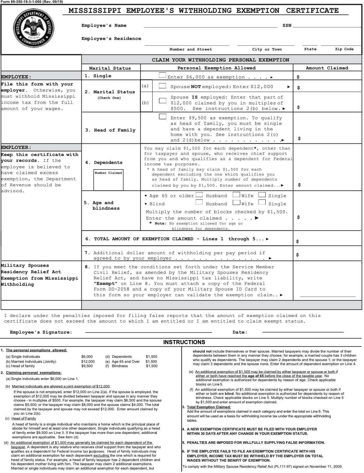 <p>A form used by employees in Mississippi to claim withholding allowances for state income tax purposes, affecting the amount of state tax withheld from their paychecks. </p>