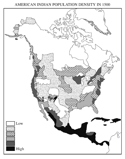 <p>Which of the following statements about the population of North America at the time of Christopher Columbus’ voyages is supported by the map above?</p>