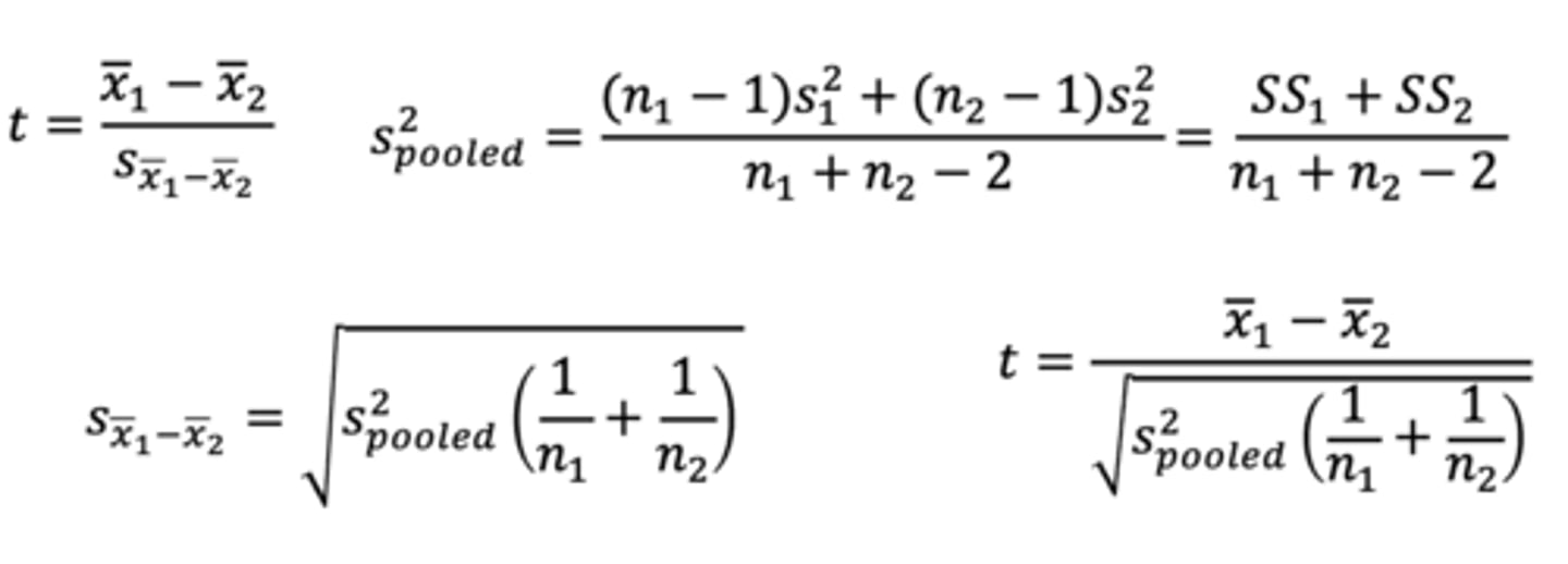 <p>Tests if the means of two independent groups are significantly different from each other</p><p>Conceptually, very similar to the other t-tests, in that you calculate a t-score by dividing the mean difference by the standard error. The main complication is how you calculate the standard error</p>