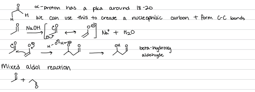 <ul><li><p>multiple enolates can form </p></li><li><p>multiple electrophilic carbons, can control to make enolate first  </p></li><li><p>typical reaction favors reactants but we can use a stronger base like LDA to shift to products. </p></li><li><p>should see a carbonyl peak in the ketone position and no alkene or C-H stretch </p></li><li><p>works with weaker base due to only one possible enolate because aldehyde reacts faster </p><ul><li><p>extended conjugation of product is energetically favorable</p></li></ul></li></ul><p></p>