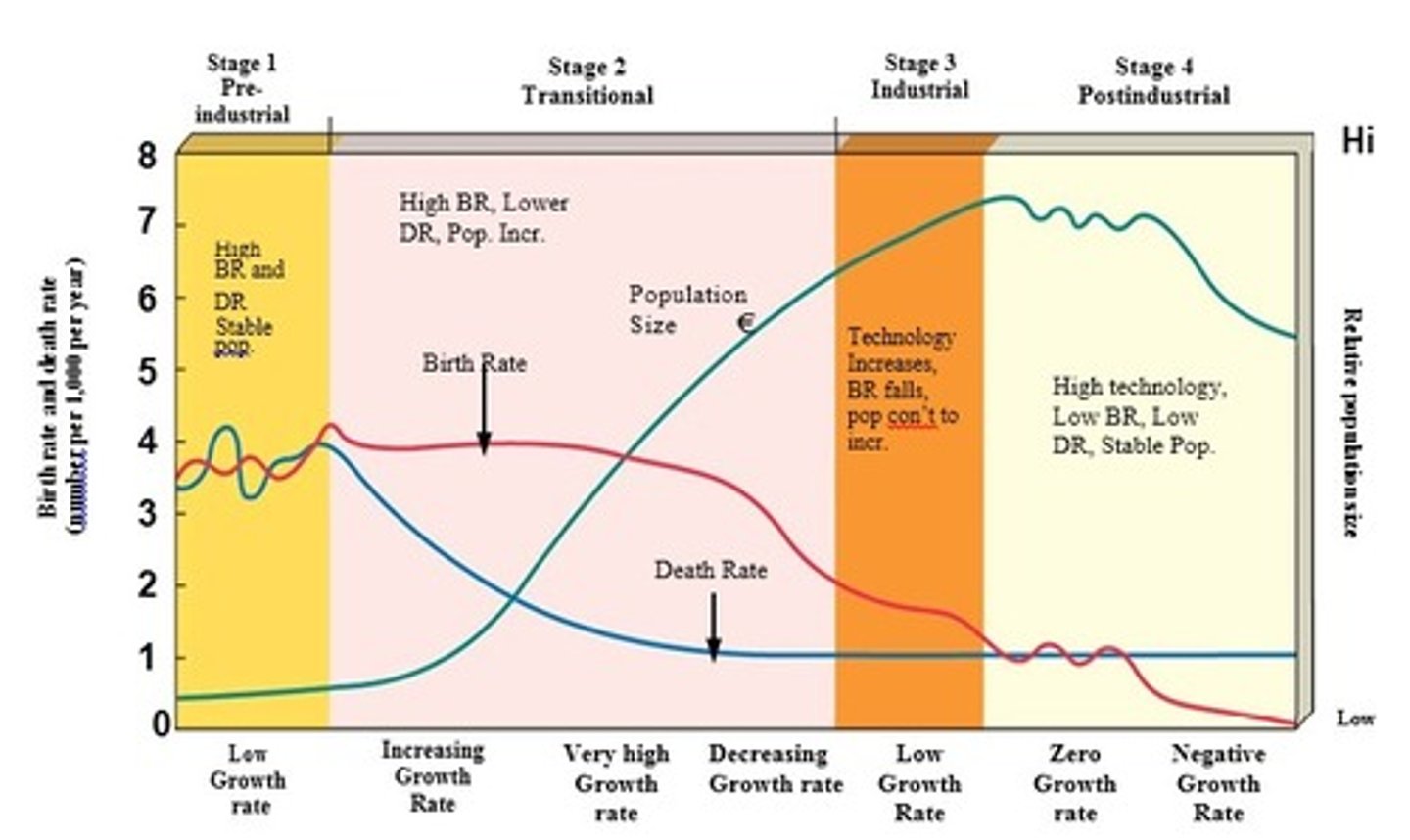 <p>3rd stage in Demographic Transition Model</p><p>• Industrialization is widespread. Birth rate drops and approaches the death rate. Better access to birth control, reduced infant mortality, increased job opportunities for women, high cost of raising children, HS and college educations. Population grows but at a slower rate.</p>