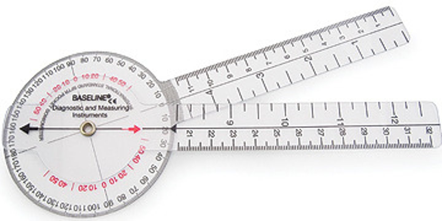 <p>protractor to measure ROM of a joint</p>
