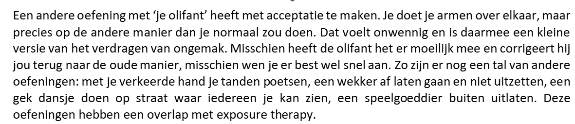 <p>Acceptatie → exposure therapy (kan je ongemak verdragen?)</p>
