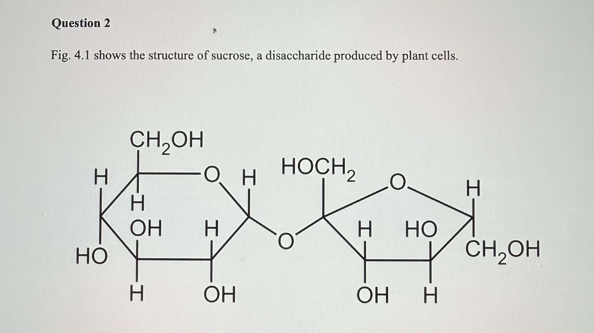 <p>The structure attached by image is sucrose, a disaccharide produced by plant cells.</p><p>Name the covalent bonds between that joins the two monomers in sucrose</p>