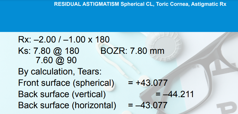 <p>Find the Tear Lens BVP, Ocular astigmatism, and Residual astigmatism</p><p></p>