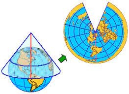 <p>A map projection in which the surface features of a globe are depicted as if projected onto a cone typically positioned so as to rest on the globe along a parallel (a line of equal latitude).</p>