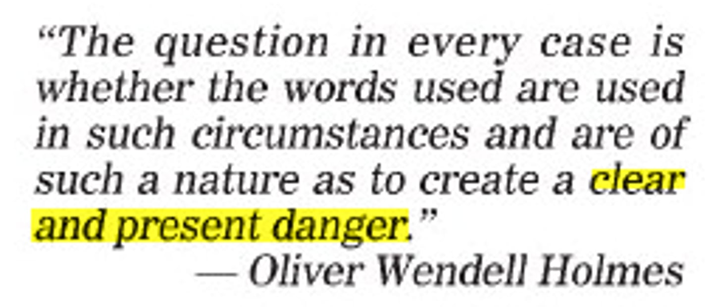 <p>The crtiterion formerly used to determine whether speech is protected or unprotected, based on its capacity to present a "clear and present danger" to society</p>