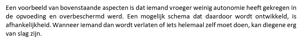 <p>Basisbehoeften + Temperament = Schema’s (Overtuigingen die je gebruikt om naar jezelf en anderen te kijken). </p>