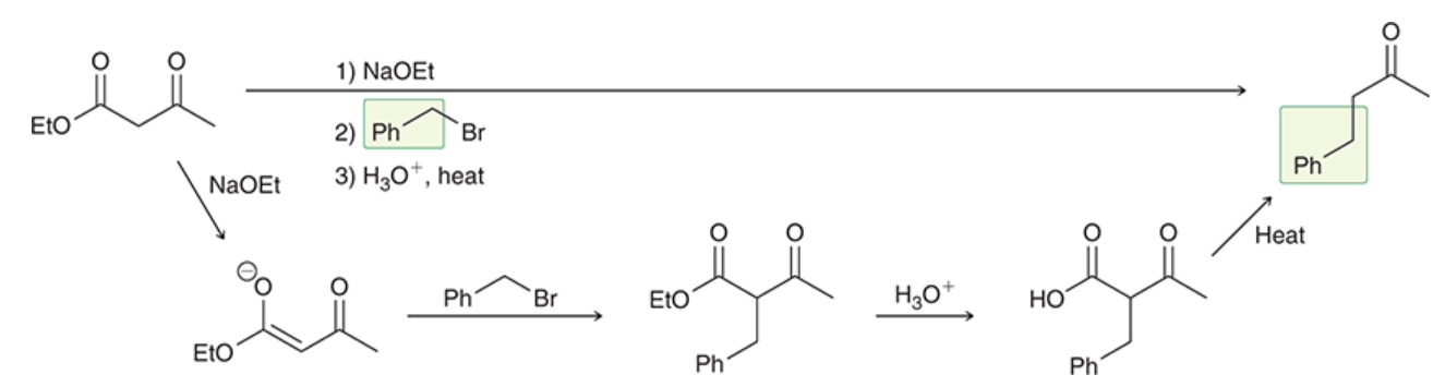 <p>a three-step synthesis that converts an alkyl halide into a methyl ketone with the introduction of three new carbon atoms</p><p>(prepares substituted derivatives of acetone)</p><p>a way to avoid the issue of polyalkylation</p><p>ethyl acetoacetate gets deprotonated by strong base  → forms highly stabilized enolate</p><p>enolate is alkylated by alkyl halide (via Sn2)</p><p>alkylated product is treated with aqueous acid, results in hydrolysis of ester group</p><p>if hydrolysis is performed at elevated temp, resulting carboxylic acid undergoes decarboxylation to produce a monosubstituted acetone derivative and CO2</p>