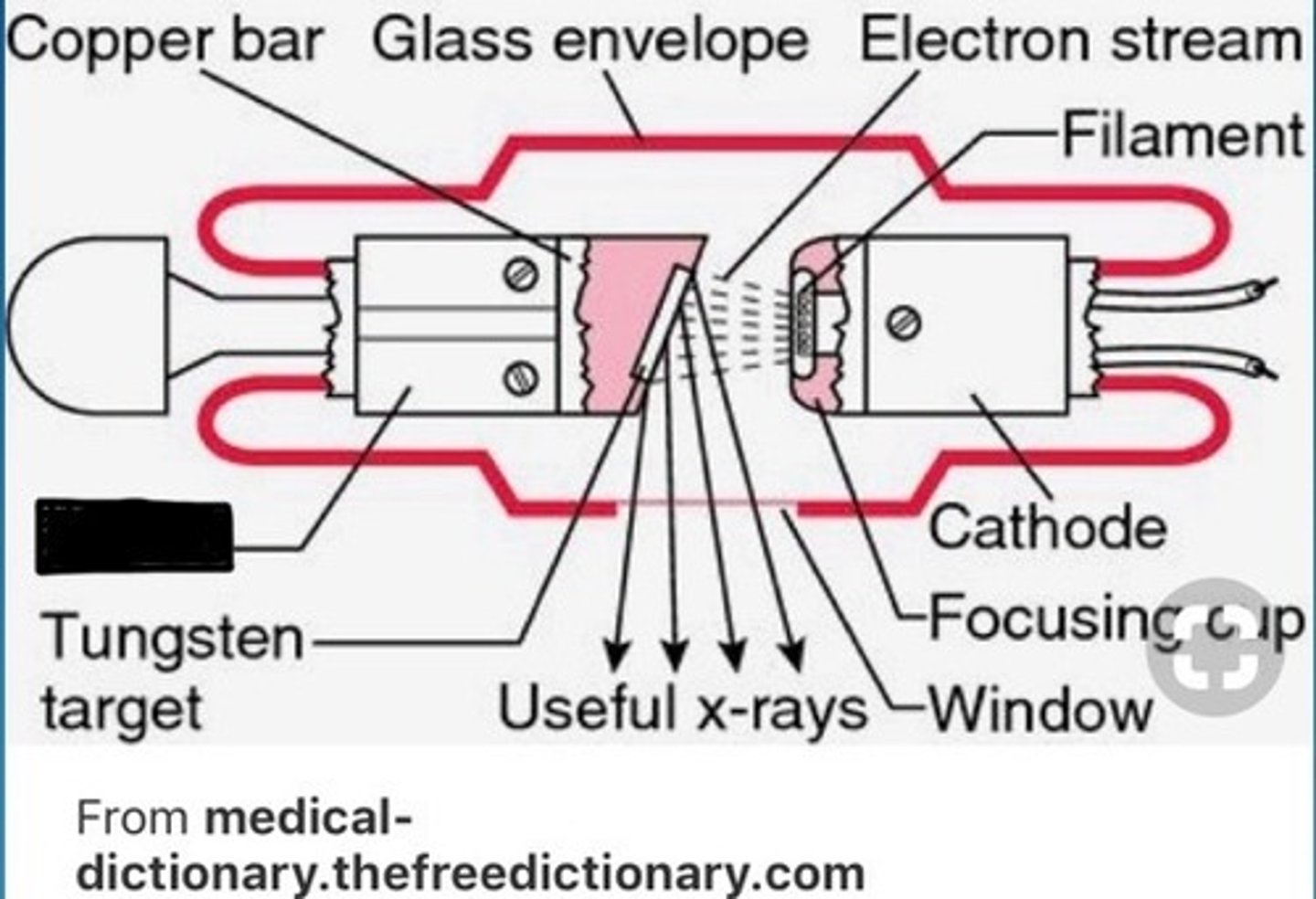 <p>Positive end (no free electrons); contains the target to stop electrons</p>